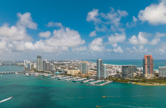 Miami aerial drone view with skyline. Miami from above. Miamis famous. South Pointe beach with skyscrapers. Miami panorama.