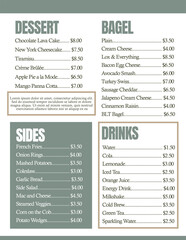Fototapeta premium Modern minimalist restaurant menu template design for dessert, bagel, sides, and drinks