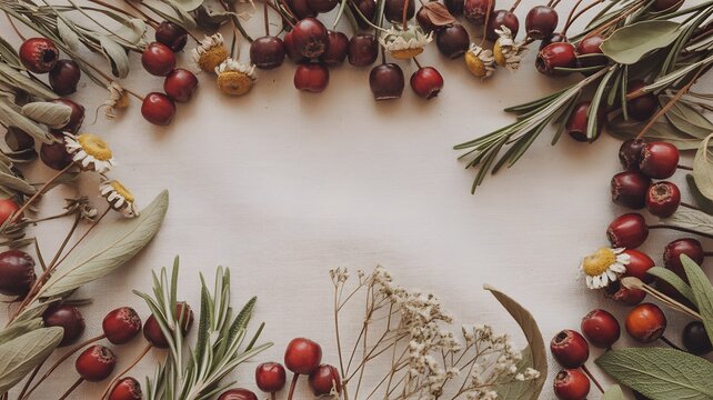 Festive botanical frame composition featuring dried chamomile flowers red rosehips and fresh green rosemary herbs arrangement