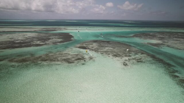 Aerial view of kitesurfing in Los Roques archipelago, Venezuela.
