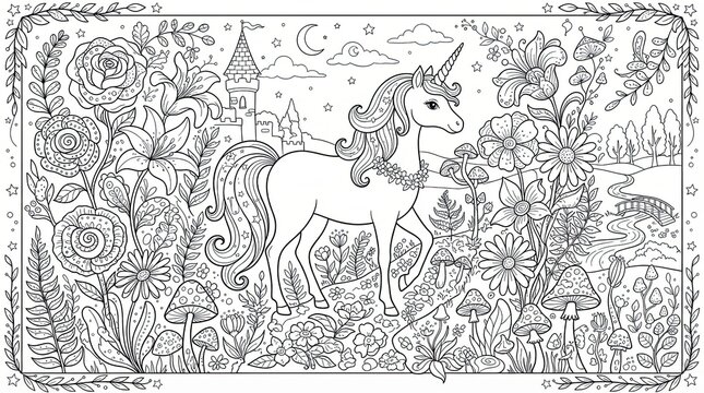 Unicorn standing in a magical garden full of flowers and mushrooms