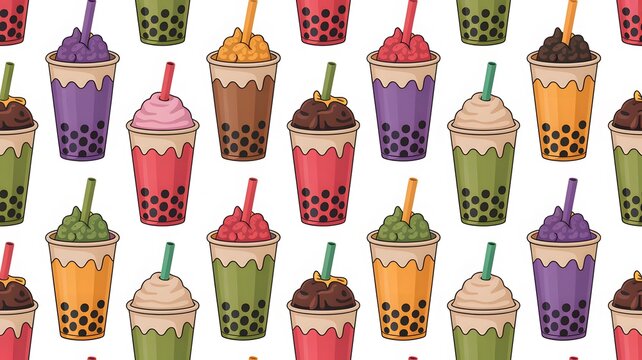 Colorful bubble tea pattern featuring various delicious flavored boba drinks with pearls and plastic straws