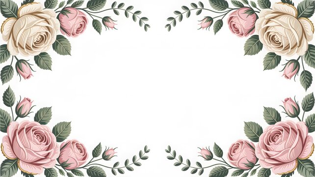 Elegant vintage floral border featuring soft pink and creamy white roses on a clean white background