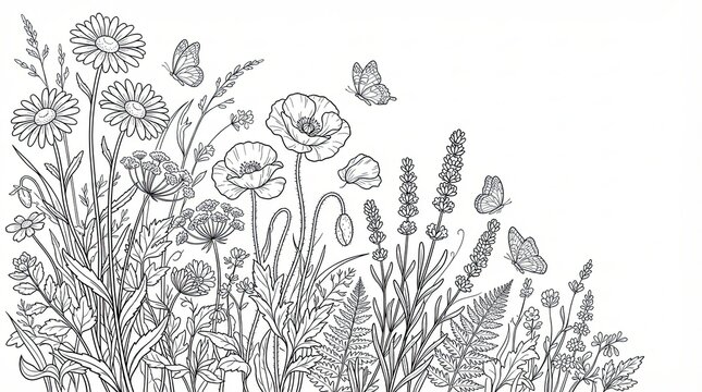 Beautiful wild flowers and butterflies drawing for coloring book page