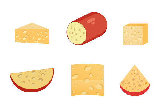Cheese collection vector set with various types and shapes. Cartoon yellow gouda, swiss, maasdam and cheddar cheese wheels, slices, wedges and cubes isolated on  transparent background,