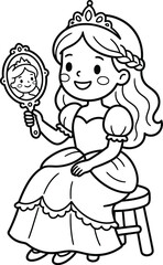 Fototapeta premium Cute princess looking in a mirror while sitting on a stool isolated on transparent background