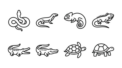 Fototapeta premium Reptile Icon Set: A collection of stylized outline illustrations depicts various reptiles including a snake, otter, chameleon, lizard, alligator, and turtle, presented in a clear.