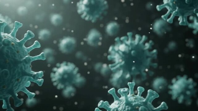 Microscopic 3D rendering of virus particles, resembling coronaviruses