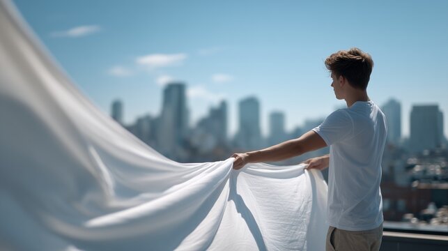 Young man spreading a white bedsheet on a rooftop clothesline under bright blue sky