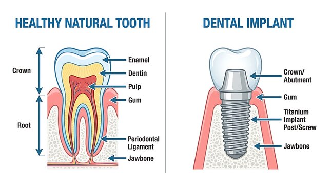 Healthy natural tooth and dental implant diagram compares anatomy for patient education and dental clinic marketing