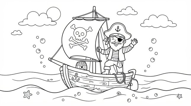 Happy pirate captain on a wooden ship sailing on the sea for coloring page