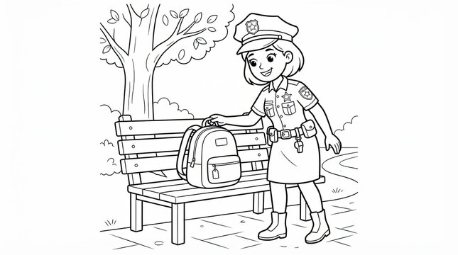 Friendly woman police officer standing by a park bench with a school backpack