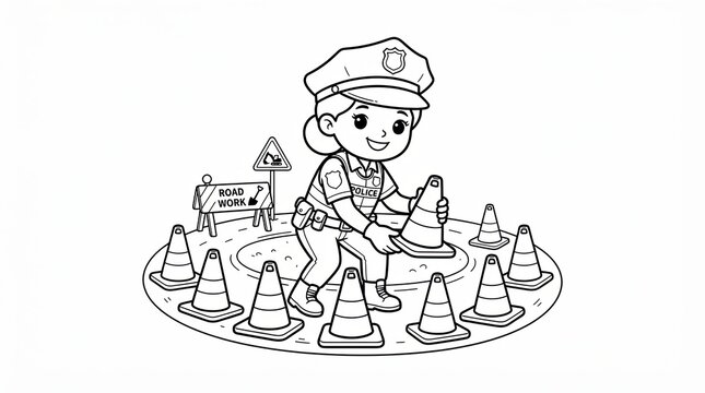 Cute cartoon police officer setting up traffic cones on a road work site