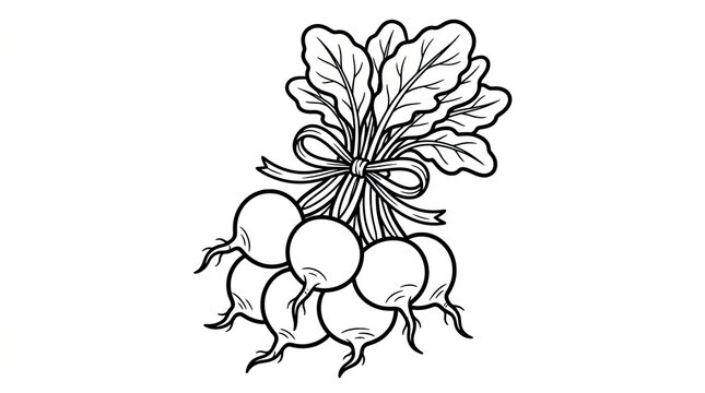 A bunch of fresh radishes tied together with a ribbon line art drawing