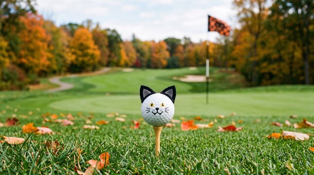 Whimsical golf ball with a cute cat face and ears on a tee overlooking a colorful autumn golf course