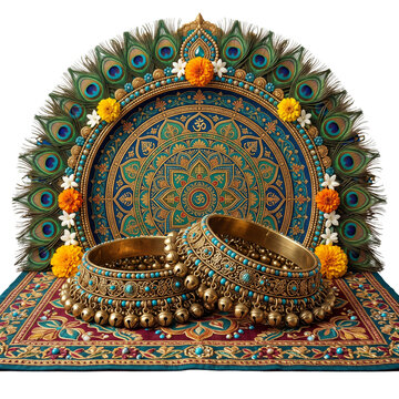 Ornate Indian anklets with peacock feather mandala and floral accents