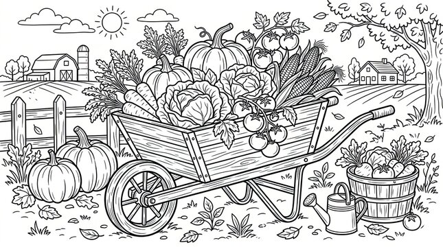 Wheelbarrow full of fresh vegetables on a farm coloring page