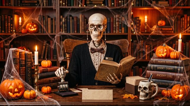 Humorous skeleton librarian reading a gothic book in a candlelit library decorated for a spooky Halloween night