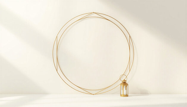 Ramadan greeting background 3D render with a large empty gold oval frame and traditional lantern on white wall