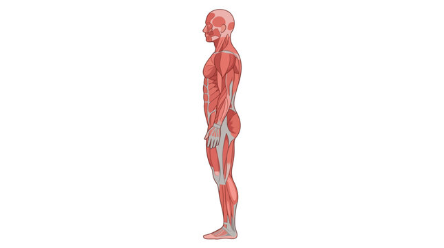 Lateral View Anatomical Illustration of the Human Muscular System Showing Major Muscle Groups Including Deltoids, Abdominals, and Quadriceps in a Stylized Vector Format