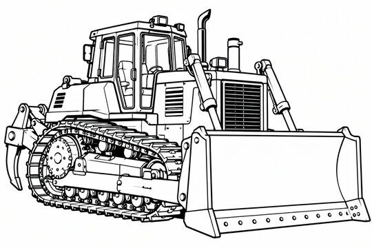 Black and white line drawing of a heavy construction bulldozer