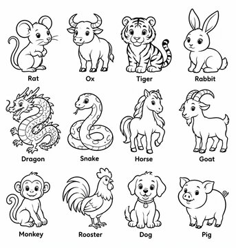 Set of cute Chinese zodiac animals for coloring book page