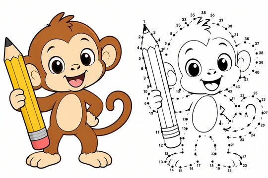 Cute monkey character with pencil and dot to dot game for kids