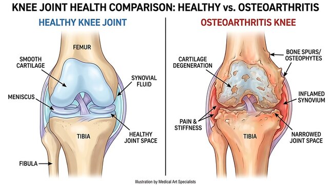 Knee joint health comparison of healthy knee versus osteoarthritis knee with detailed anatomical labels