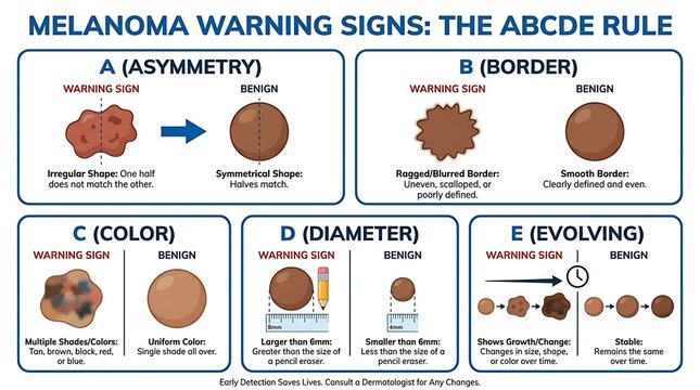 Melanoma warning signs abcde rule skin cancer check chart with visual examples for early health detection and monitoring