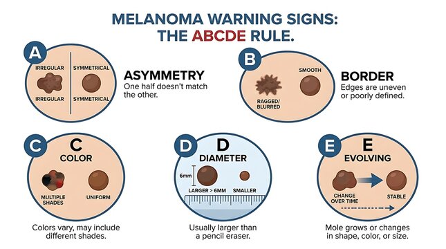Melanoma warning signs ABCDE rule infographic illustrating asymmetry border color diameter and evolving changes
