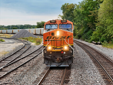 Savanna, Illinois September 8, 2026 BNSF (Burlington Northern Santa Fe Railway) 7207 Locomotive &mdash; GE ES44DC Freight Engine head on front view