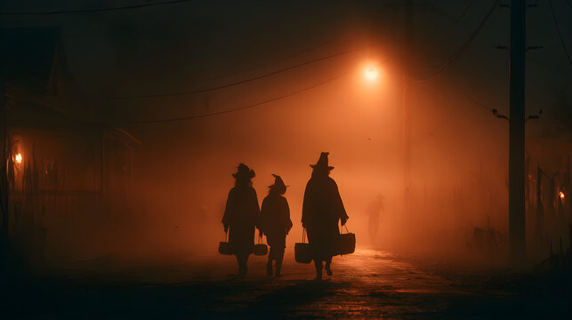 Halloween wallpaper, trick-or-treaters walking down a dark street in a dense fog-covered swamp, flickering shadows everywhere