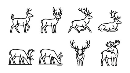 Fototapeta premium Deer Set Icons: A collection of stylized line art icons depicting various poses and species of deer, including standing, running, and grazing, showcasing their majestic antlers.