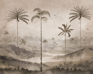 Title: Vintage Tropical Landscape Mural with Palm Trees in Sepia Beige Watercolor © SWAPNA
