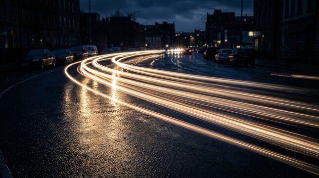 Long exposure photo capturing light trails on a city street at dusk. Moody urban atmosphere.