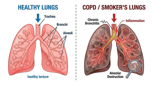 Pulmonary health comparison diagram showing healthy lungs versus copd damaged smoker tissue for respiratory disease study