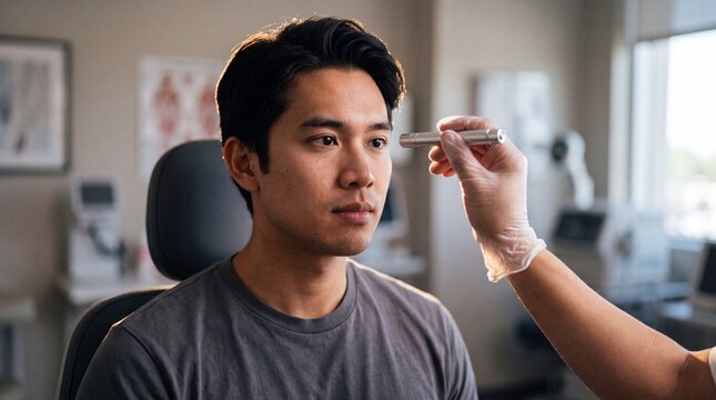 Healthcare Professional Checking Young Southeast Asian Man Eye Reflexes
