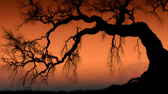 Halloween wallpaper, twisted dead tree silhouette at twilight under twisted bare branches, flickering shadows everywhere, orange and black color palette