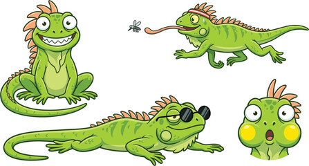 Obraz premium Cute Green Iguana Vector Character Illustration Set Featuring Cartoon Reptiles Catching Fly Wearing Sunglasses Smiling and Surprise Face Lizard Graphic Elements