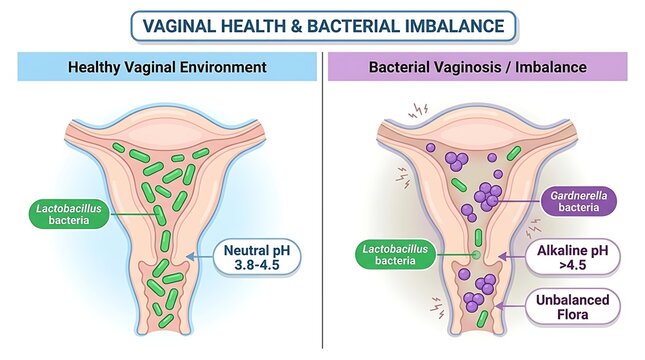 Vaginal health and bacterial imbalance anatomy chart explaining neutral ph and gardnerella overgrowth in purple and green
