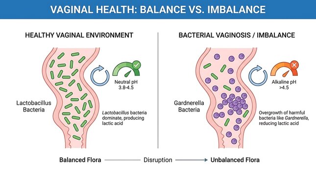Vaginal health balance vs imbalance diagram showing lactobacillus and gardnerella bacteria levels for medical training
