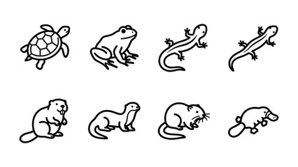 Obraz premium Collection of Diverse Amphibian and Reptile Icons: A set of clean, black and white line art illustrations featuring a turtle, frog, lizard, salamander, beaver, otter, muskrat, and platypus.