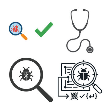 Software bug detection and computer system repair icons set with magnifying glass and stethoscope