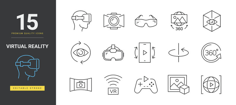 Virtual reality icon set line art VR headset technology 360 degree video gaming interactive simulation user interface vector