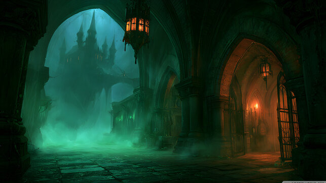 Halloween wallpaper, vampire's castle on a cliff at night inside a dusty haunted hallway, soft eerie green mist, muted autumn orange 
