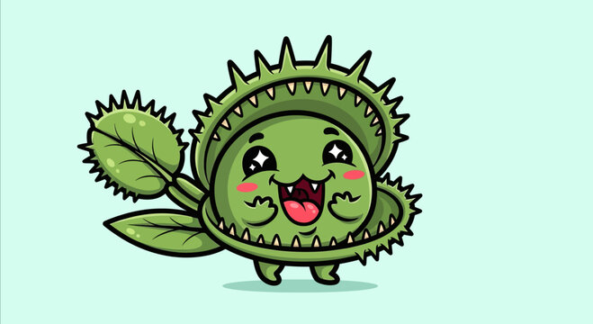 Cute smiling Venus flytrap cartoon character illustration.