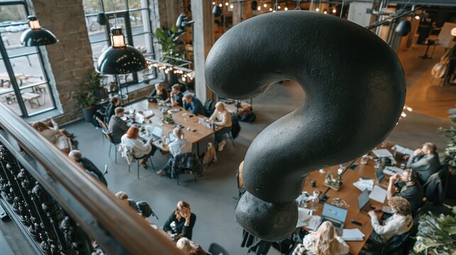 Large dark question mark symbol in busy modern cafe or coworking space with people