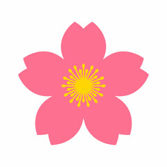 Fototapeta premium Minimalist flat vector illustration of a pink cherry blossom flower or sakura bloom isolated on a white background, symbolizing spring and Japanese culture for nature and floral designs.