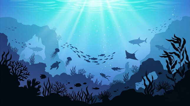 An enchanting flat vector illustration of an underwater world, featuring the dark silhouettes of a sea turtle, a manta ray, jellyfish, and a scuba diver exploring the ocean depths beside a sunken ship