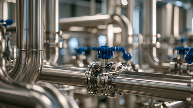 Industrial stainless steel pipes and blue valves inside a modern processing plant. Ideal for manufacturing and engineering background concepts.